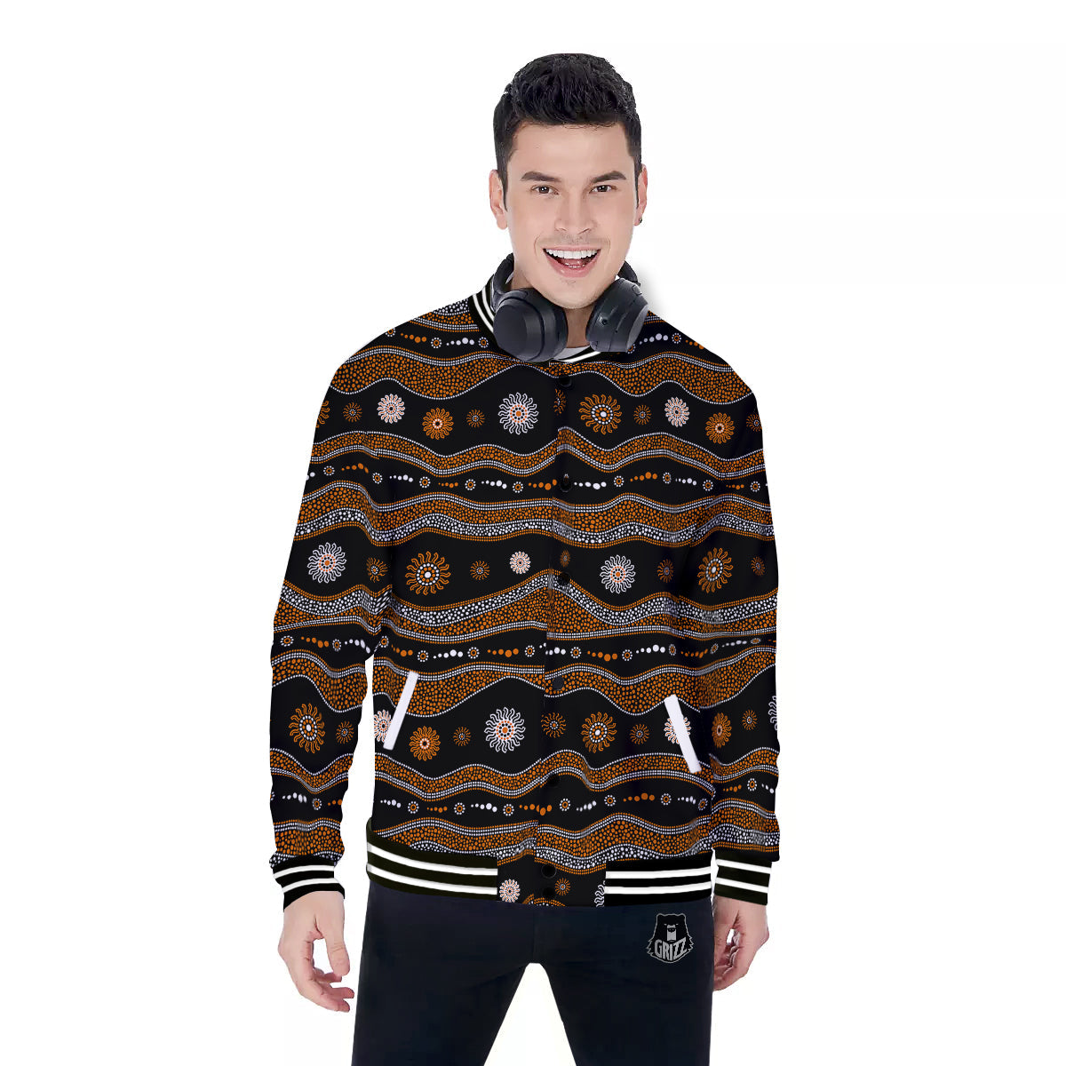 Aboriginal Orange And White Art Print Pattern Baseball Jacket-grizzshop