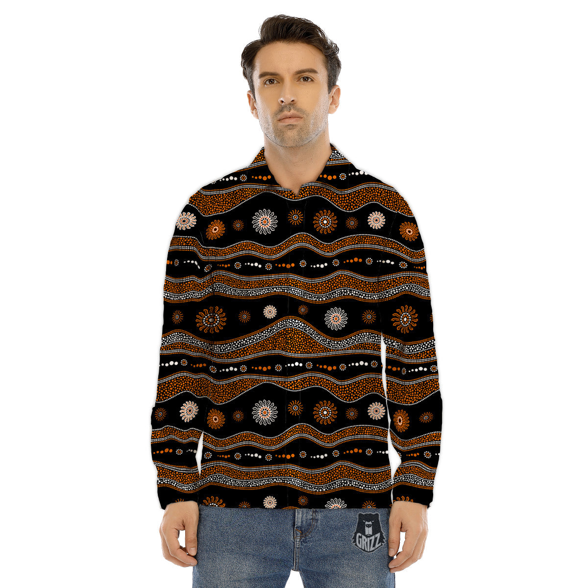 Aboriginal Orange And White Art Print Pattern Men's Dress Shirts-grizzshop