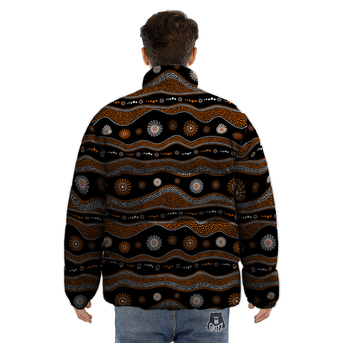 Aboriginal Orange And White Art Print Pattern Puffer Jacket-grizzshop