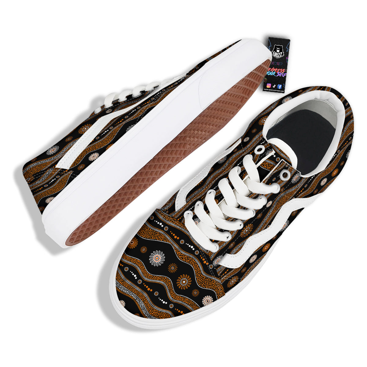 Aboriginal Orange And White Art Print Pattern Skate Shoes-grizzshop