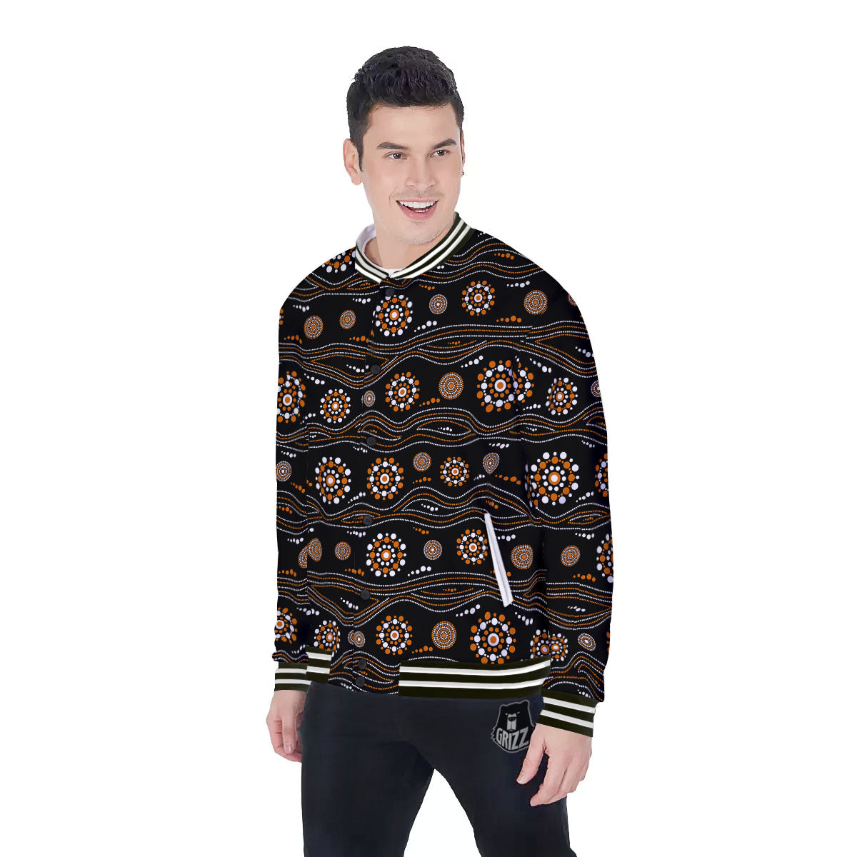 Aboriginal Orange And White Dot Print Pattern Baseball Jacket-grizzshop