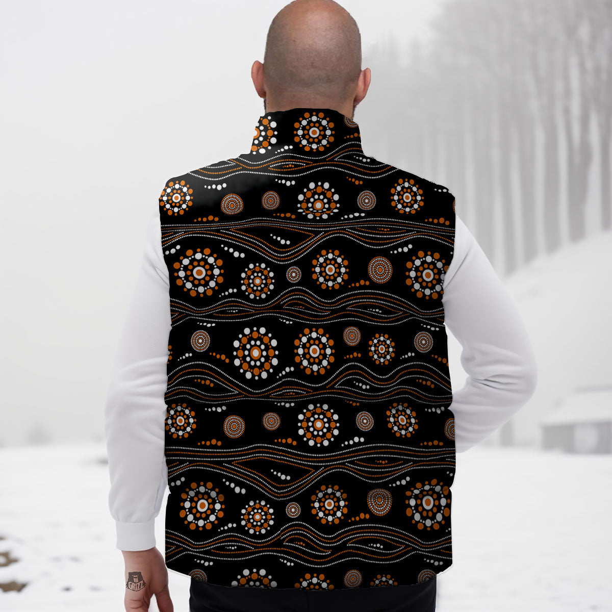Aboriginal Orange And White Dot Print Pattern Down Vest
