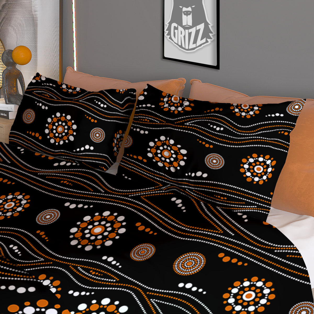 Aboriginal Orange And White Dot Print Pattern Duvet Cover Bedding Set