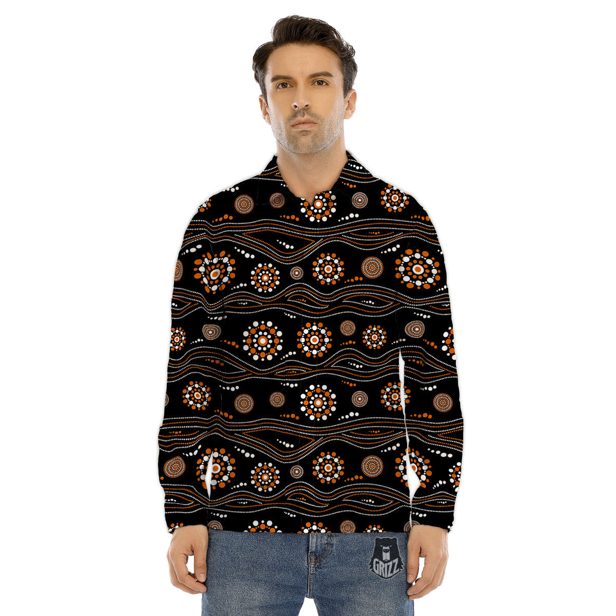 Aboriginal Orange And White Dot Print Pattern Men's Dress Shirts-grizzshop