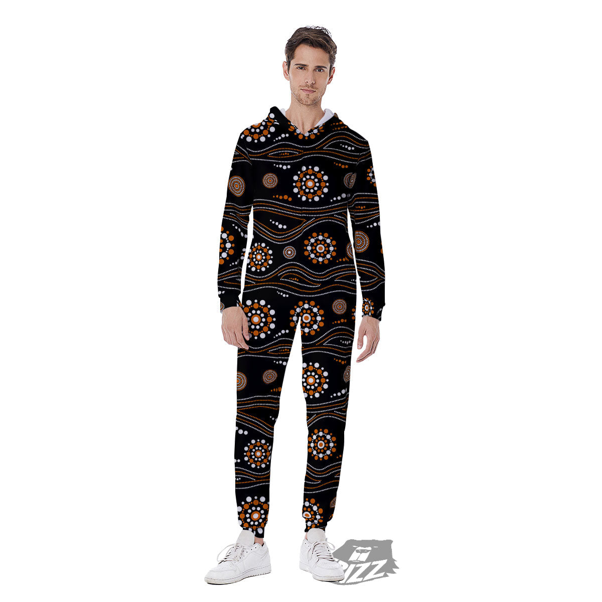 Aboriginal Orange And White Dot Print Pattern Men's Jumpsuit-grizzshop