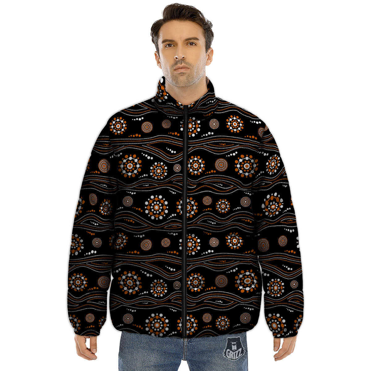 Aboriginal Orange And White Dot Print Pattern Puffer Jacket-grizzshop