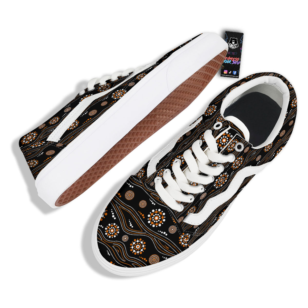 Aboriginal Orange And White Dot Print Pattern Skate Shoes-grizzshop