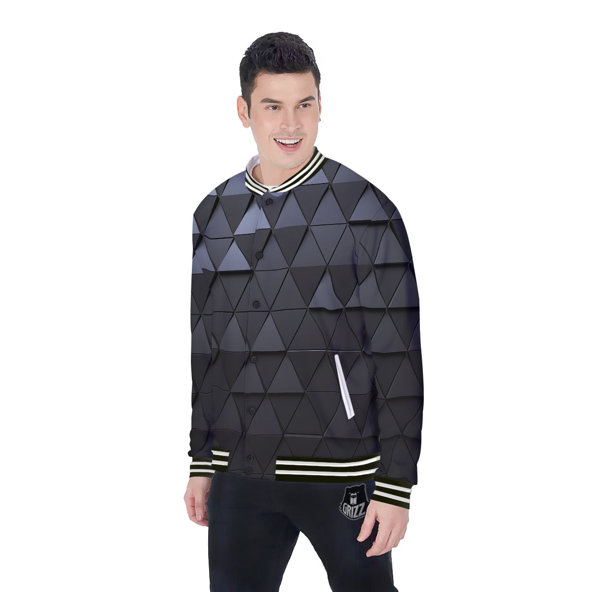 Abstract 3D Geometric Triangle Print Baseball Jacket-grizzshop