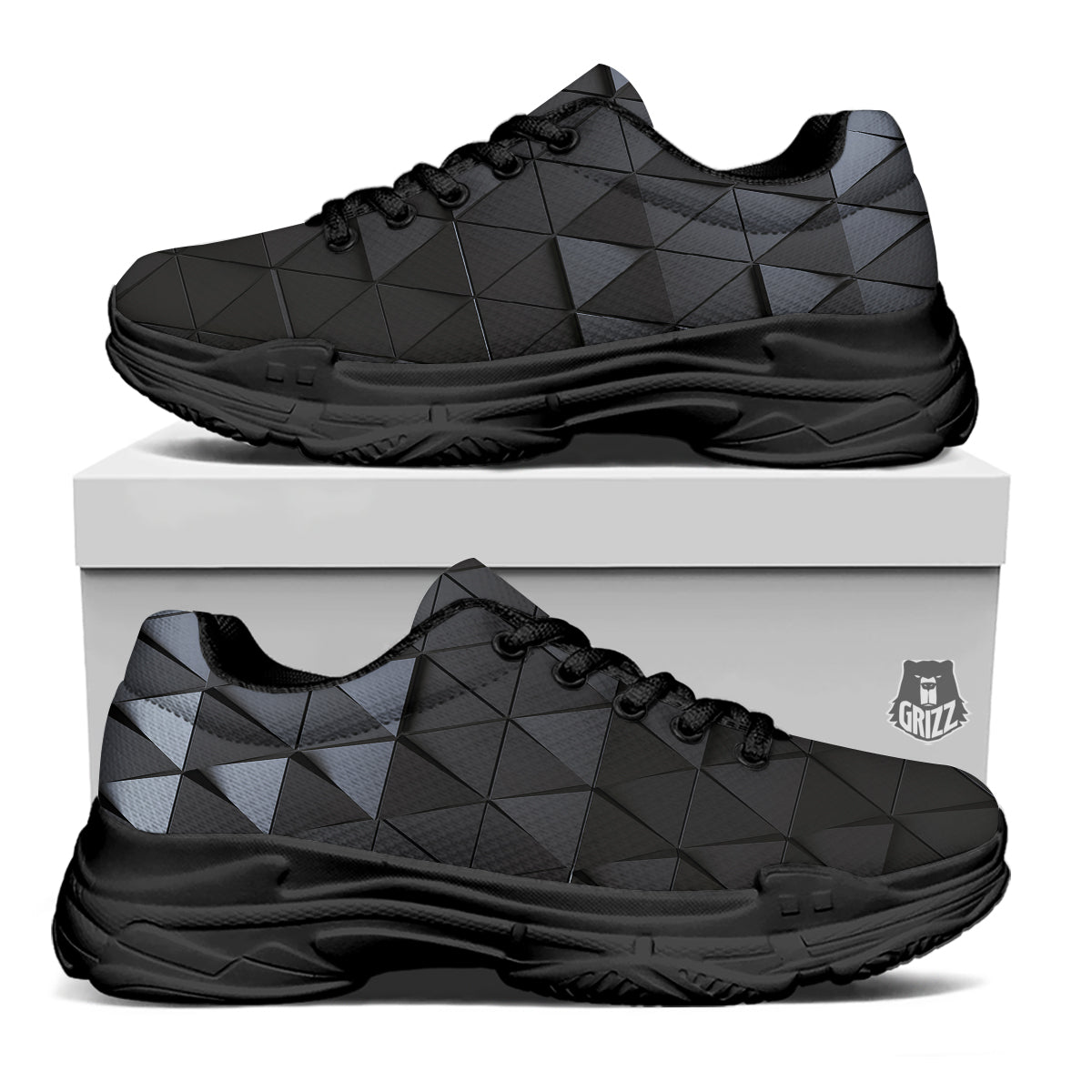 Abstract 3D Geometric Triangle Print Black Chunky Shoes-grizzshop