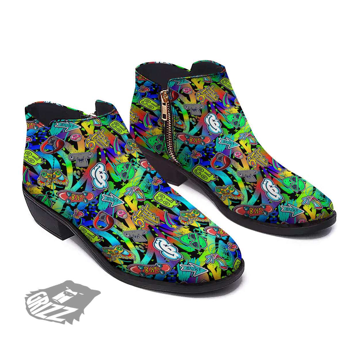 Abstract Alien Graffiti Text Print Pattern Ankle Boots-grizzshop