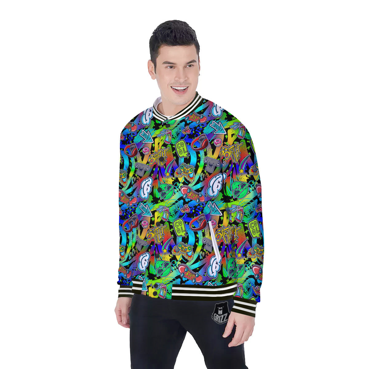 Abstract Alien Graffiti Text Print Pattern Baseball Jacket-grizzshop