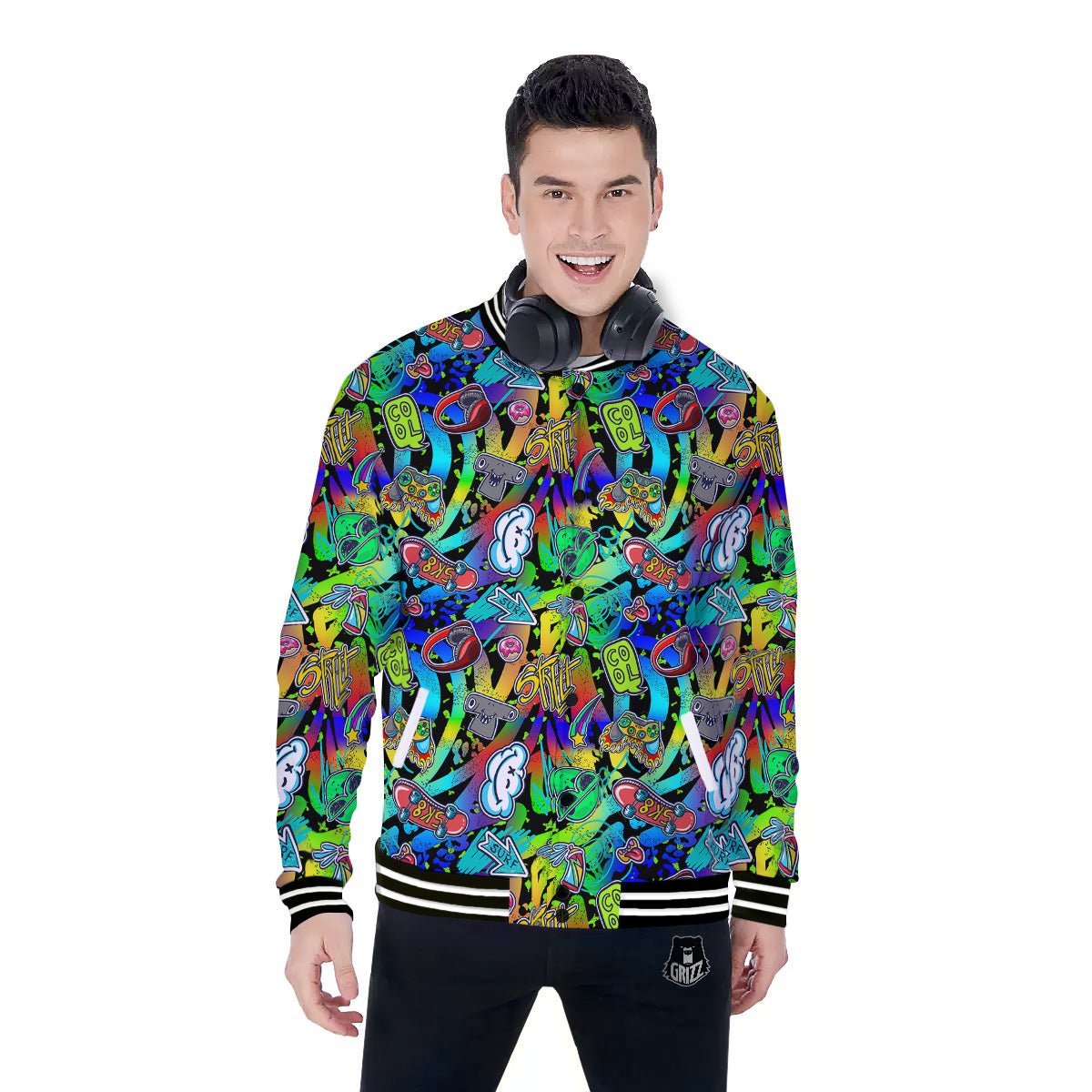 Abstract Alien Graffiti Text Print Pattern Baseball Jacket-grizzshop