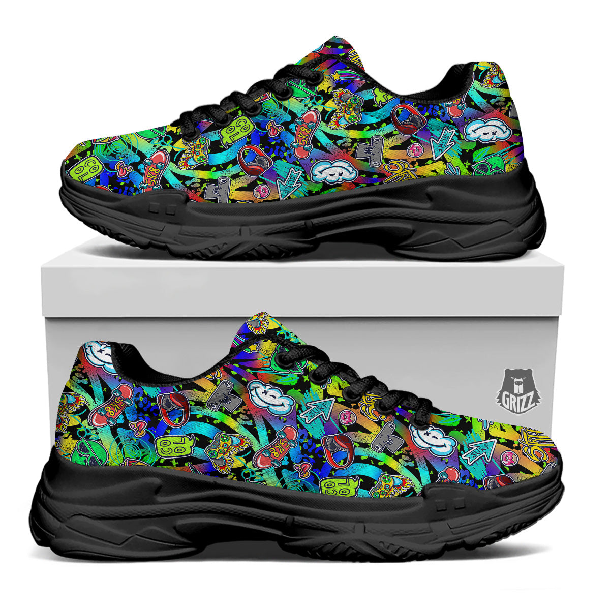 Abstract Alien Graffiti Text Print Pattern Black Chunky Shoes-grizzshop