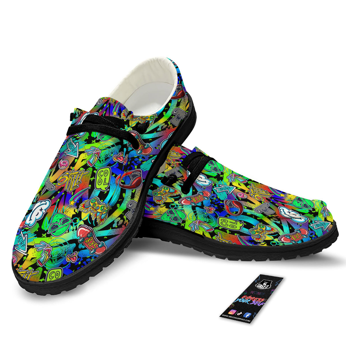 Abstract Alien Graffiti Text Print Pattern Black Loafers-grizzshop