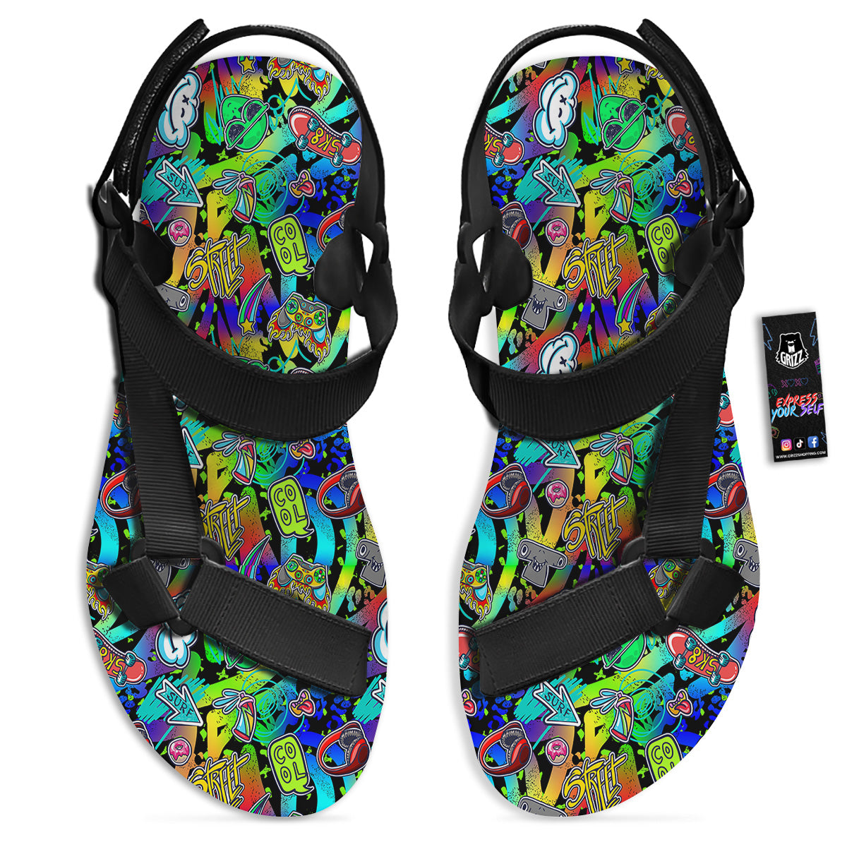 Abstract Alien Graffiti Text Print Pattern Black Open Toe Sandals-grizzshop