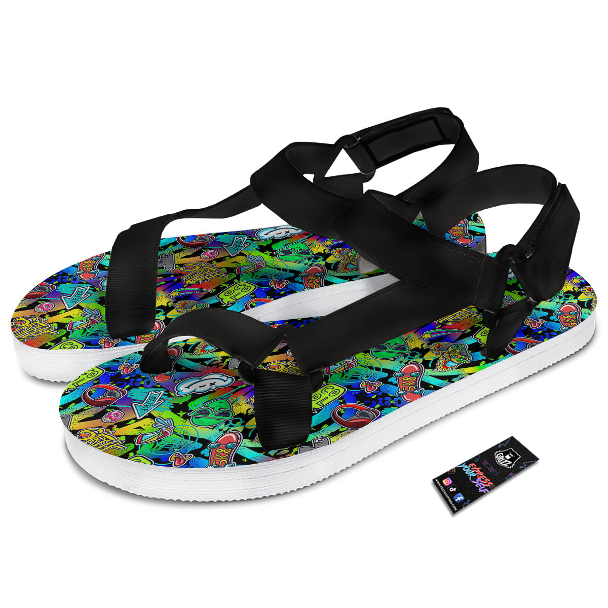 Abstract Alien Graffiti Text Print Pattern Black Open Toe Sandals-grizzshop