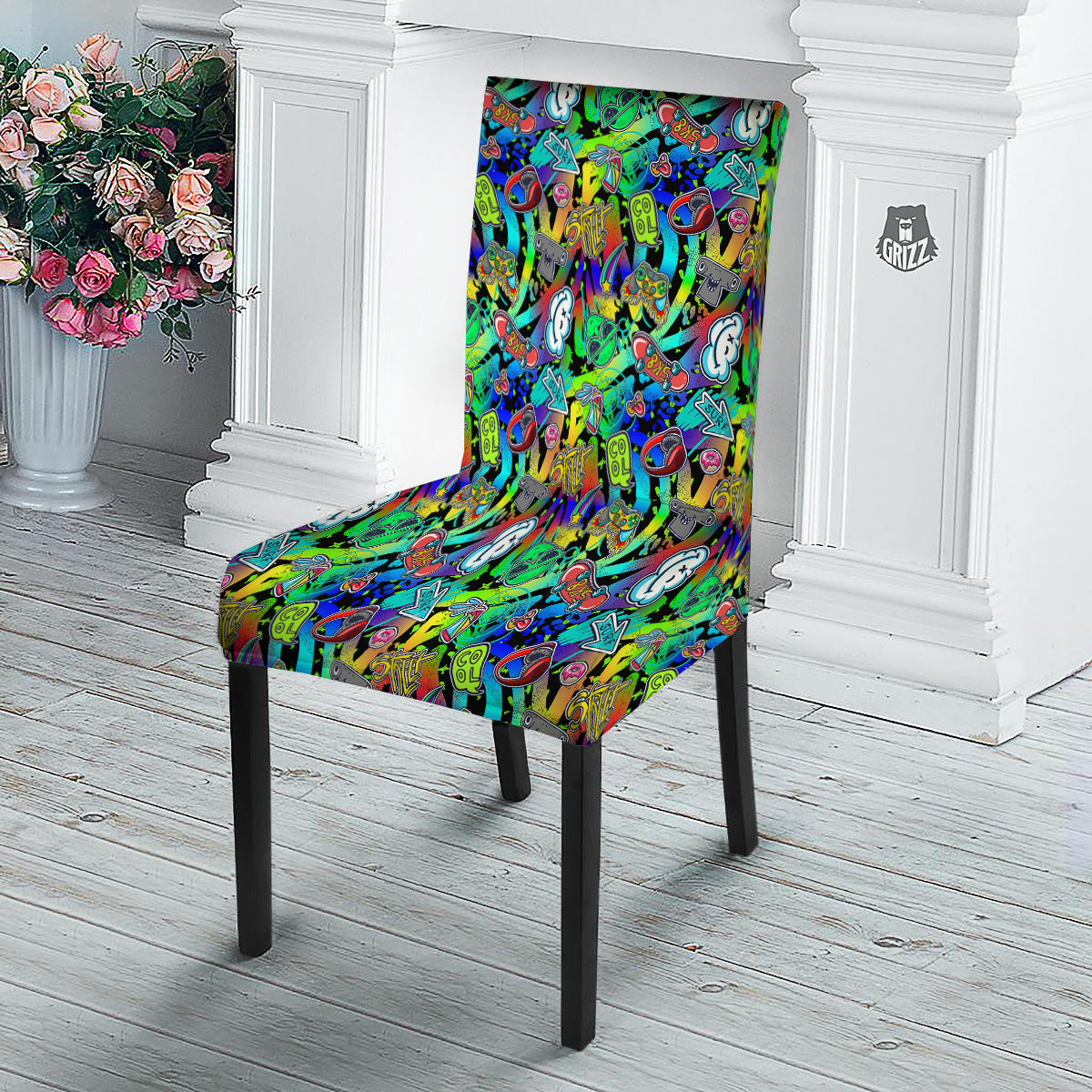 Abstract Alien Graffiti Text Print Pattern Dining Chair Slipcover-grizzshop