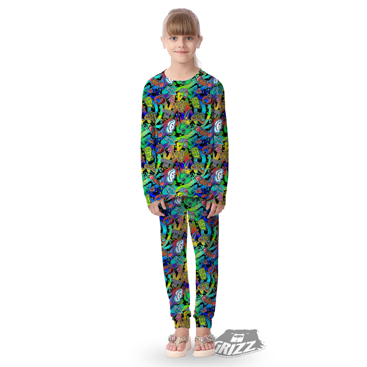 Abstract Alien Graffiti Text Print Pattern Kid's Pajamas-grizzshop