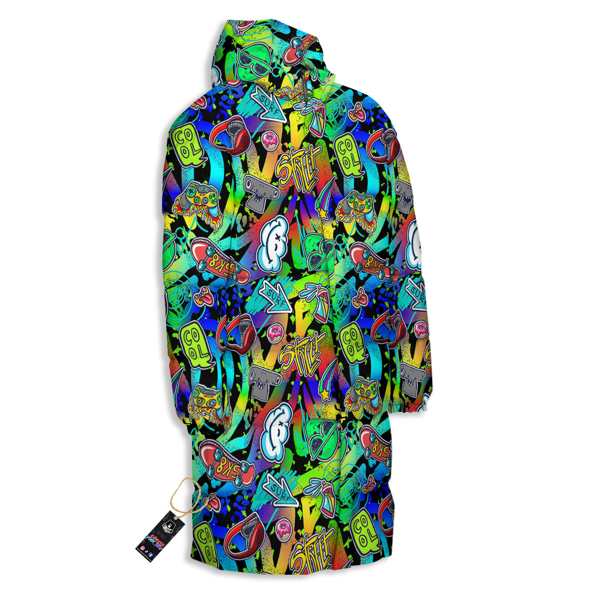 Abstract Alien Graffiti Text Print Pattern Long Down Jacket-grizzshop