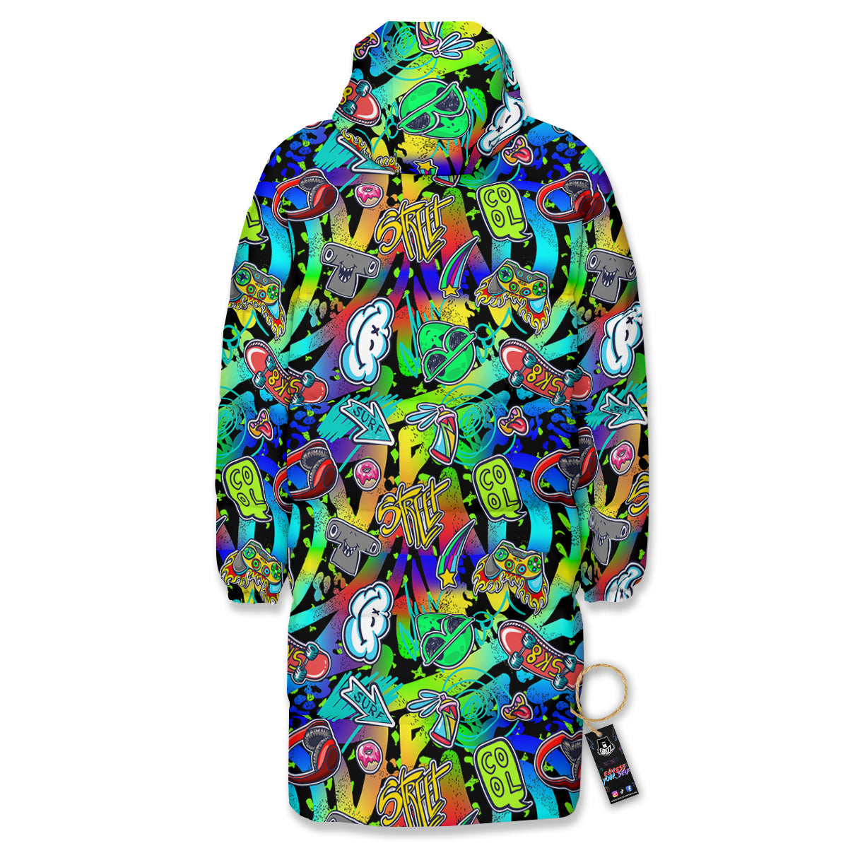 Abstract Alien Graffiti Text Print Pattern Long Down Jacket-grizzshop