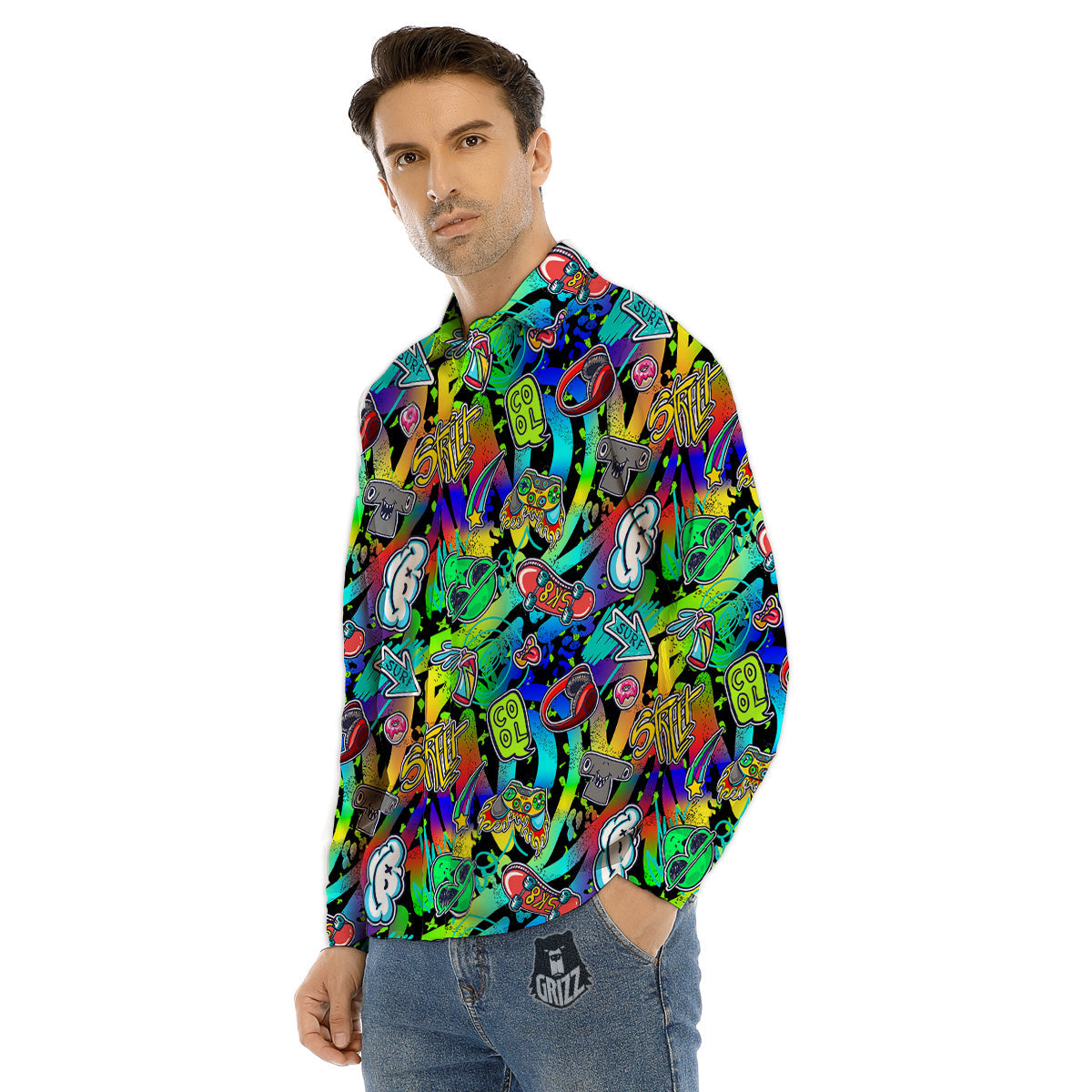 Abstract Alien Graffiti Text Print Pattern Men's Dress Shirts-grizzshop