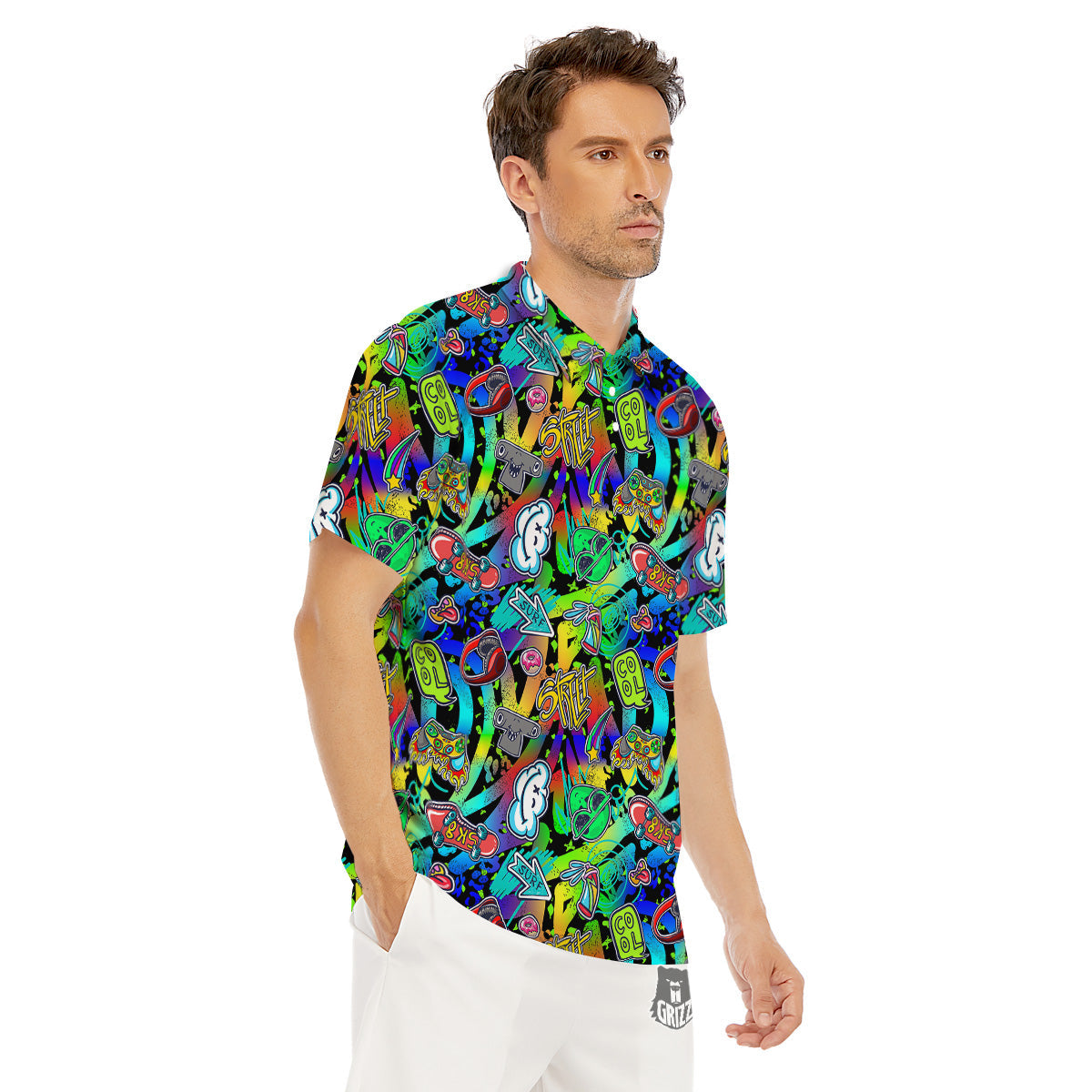 Abstract Alien Graffiti Text Print Pattern Men's Golf Shirts-grizzshop