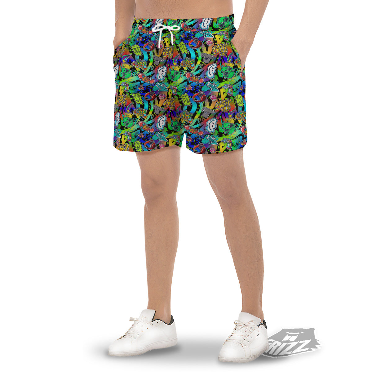 Abstract Alien Graffiti Text Print Pattern Men's Gym Shorts-grizzshop