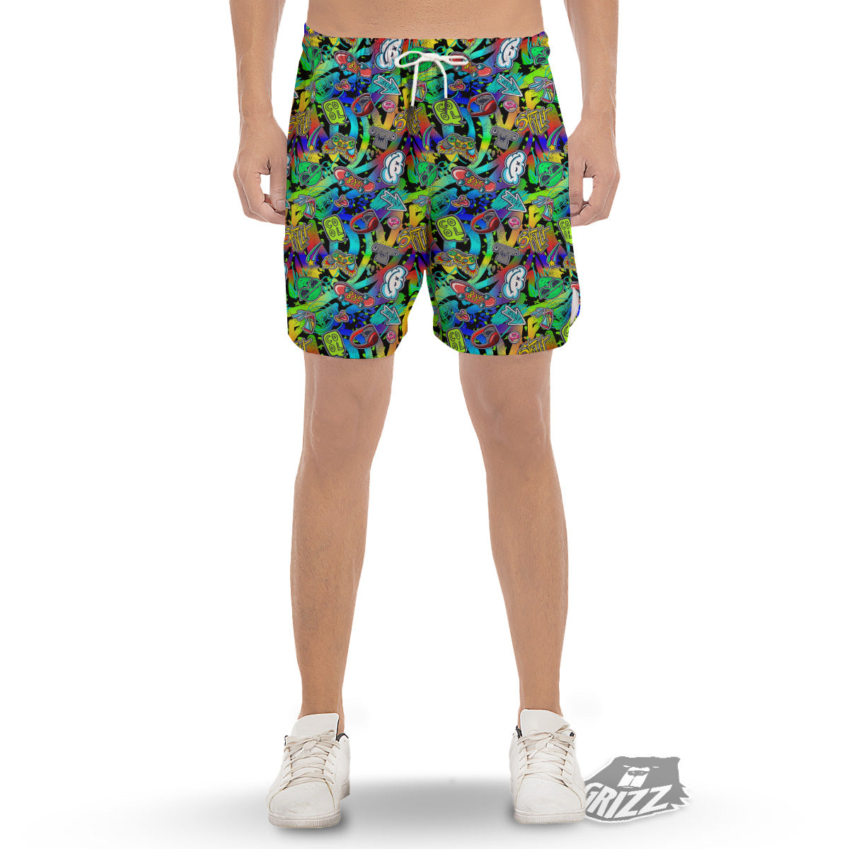 Abstract Alien Graffiti Text Print Pattern Men's Gym Shorts-grizzshop