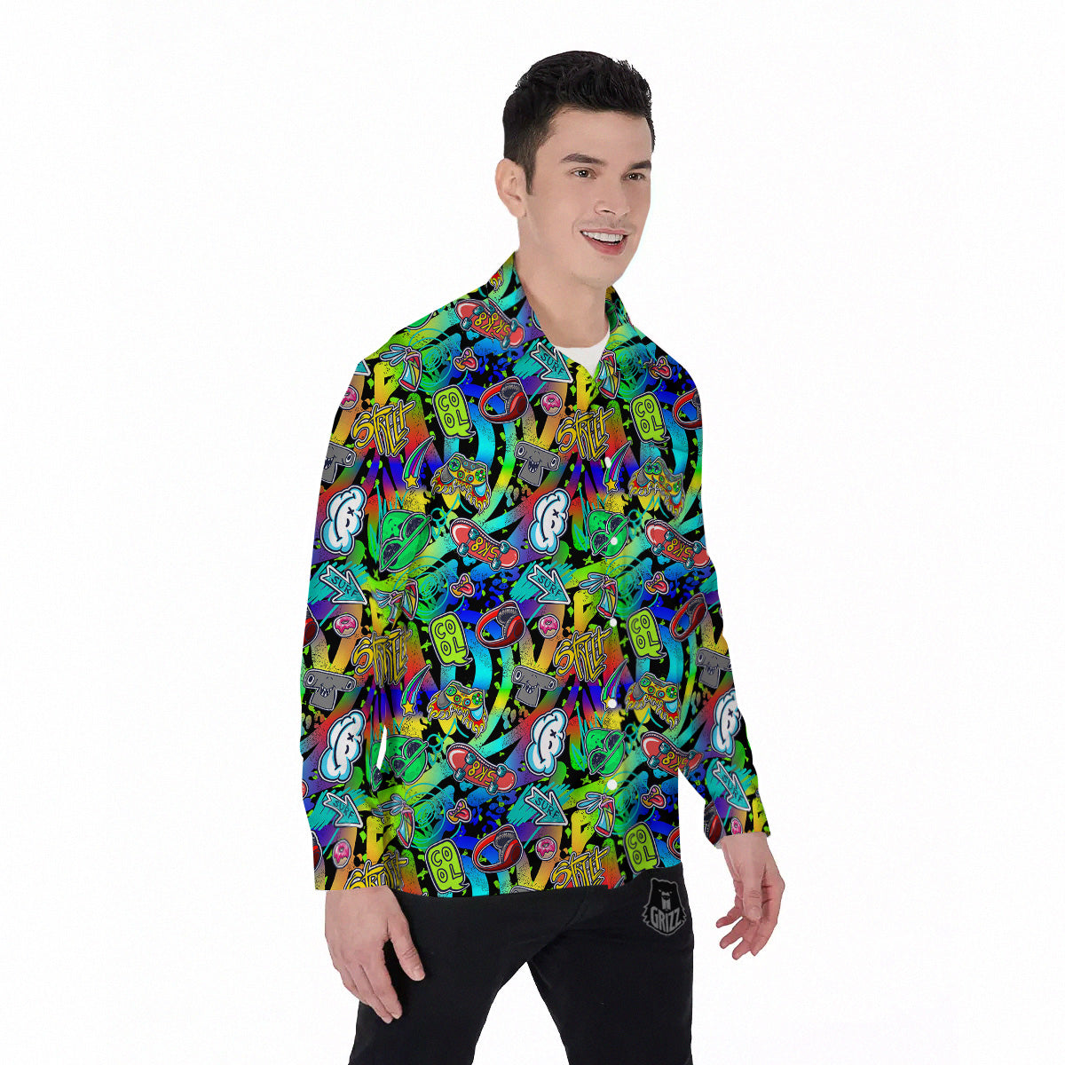 Abstract Alien Graffiti Text Print Pattern Men's Long Sleeve Shirts-grizzshop