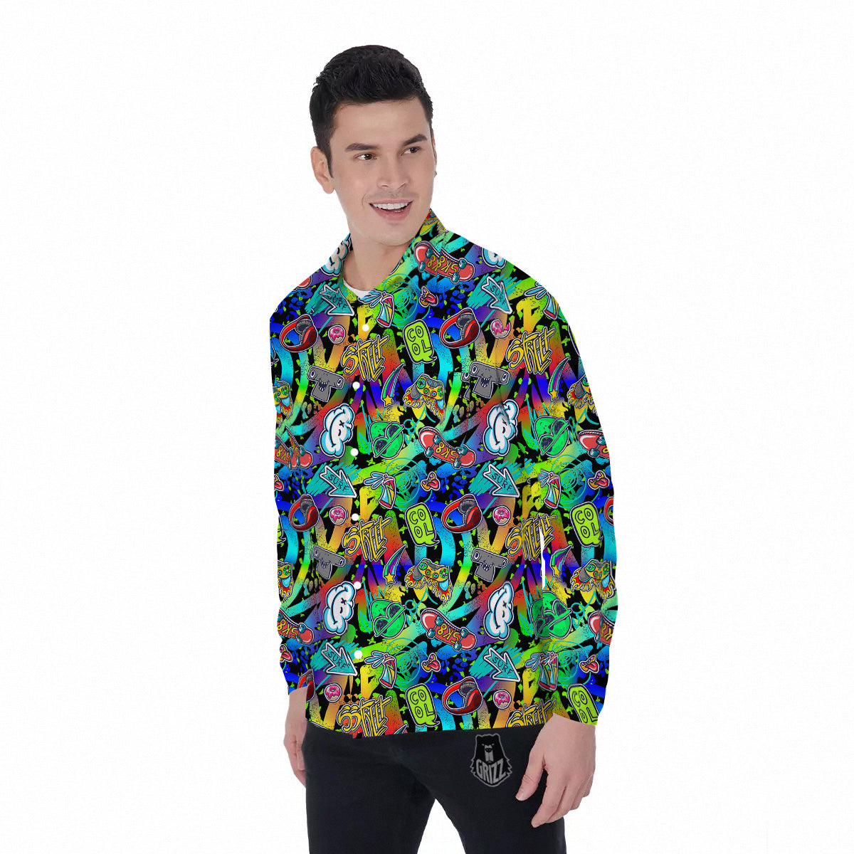 Abstract Alien Graffiti Text Print Pattern Men's Long Sleeve Shirts-grizzshop