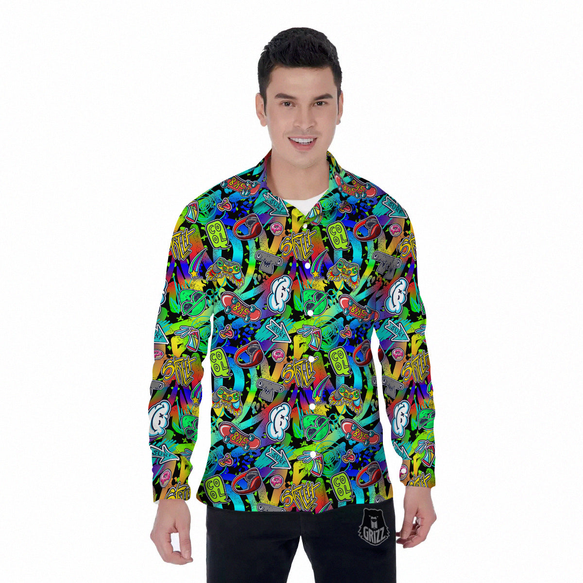 Abstract Alien Graffiti Text Print Pattern Men's Long Sleeve Shirts-grizzshop