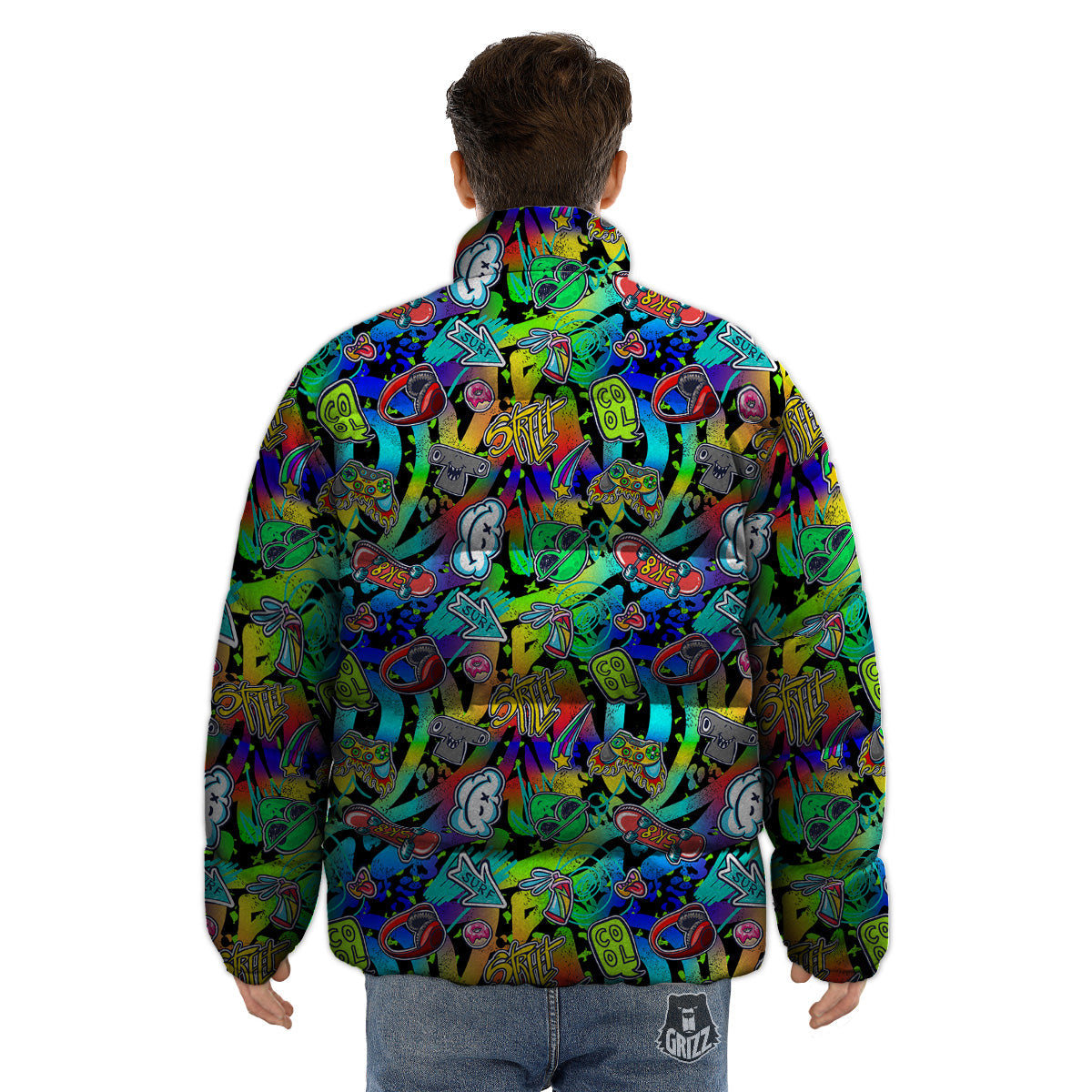 Abstract Alien Graffiti Text Print Pattern Puffer Jacket-grizzshop