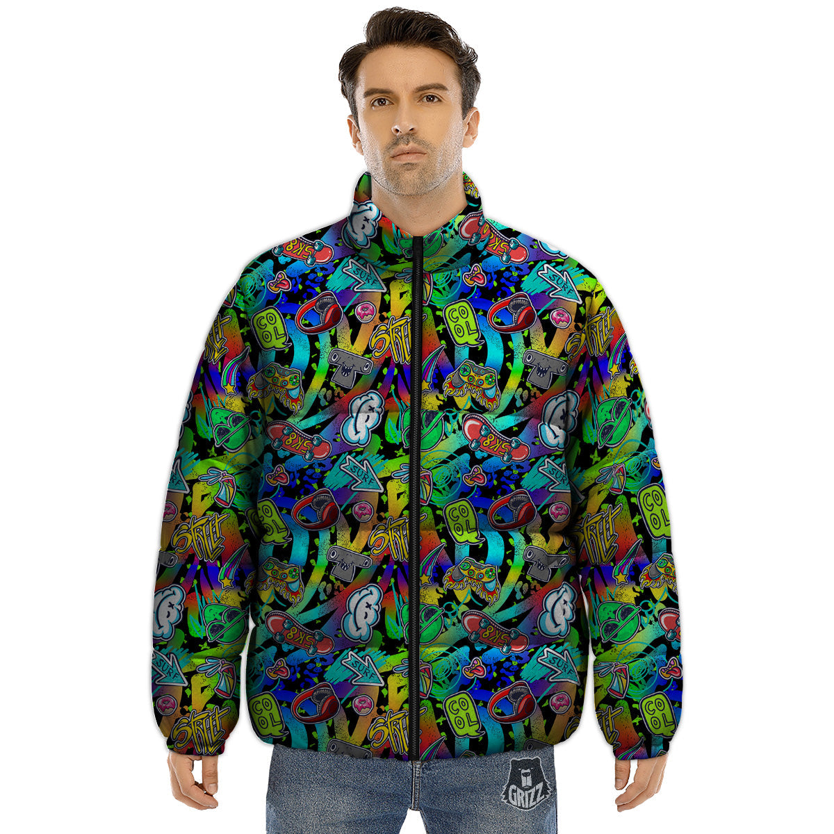 Abstract Alien Graffiti Text Print Pattern Puffer Jacket-grizzshop