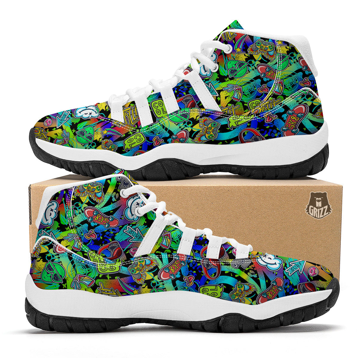 Abstract Alien Graffiti Text Print Pattern White Bball Shoes-grizzshop
