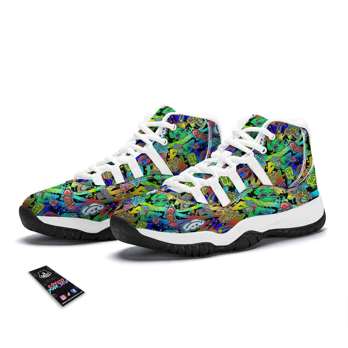 Abstract Alien Graffiti Text Print Pattern White Bball Shoes-grizzshop
