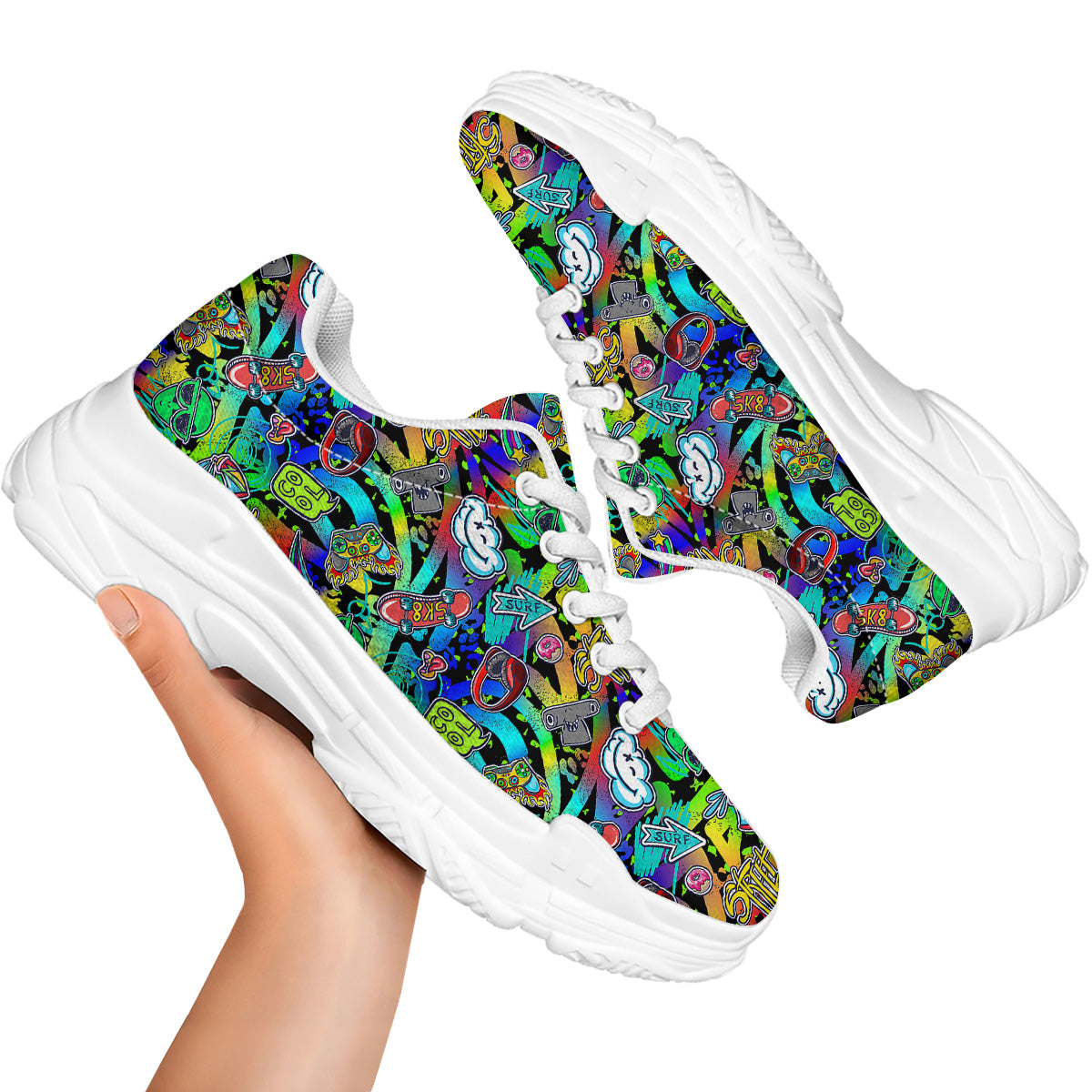 Abstract Alien Graffiti Text Print Pattern White Chunky Shoes-grizzshop