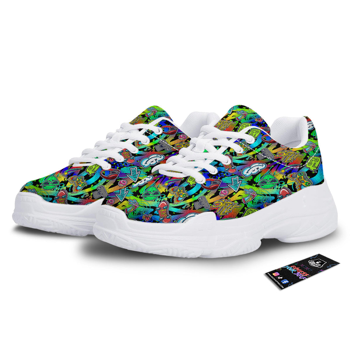 Abstract Alien Graffiti Text Print Pattern White Chunky Shoes-grizzshop