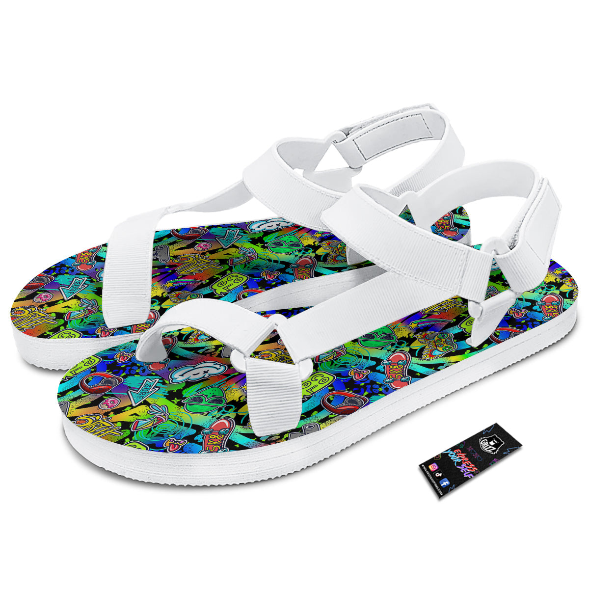 Abstract Alien Graffiti Text Print Pattern White Open Toe Sandals-grizzshop