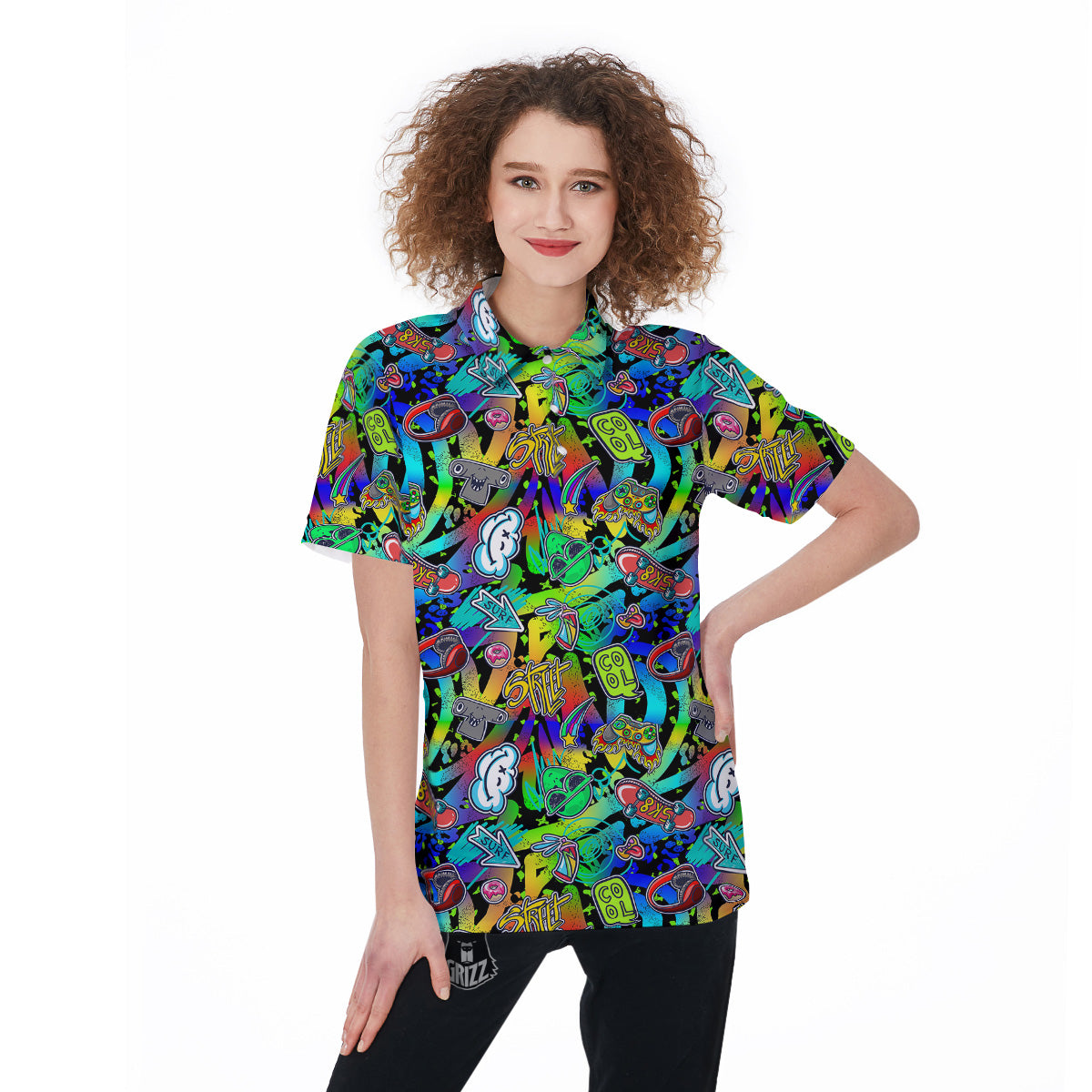 Abstract Alien Graffiti Text Print Pattern Women's Golf Shirts-grizzshop