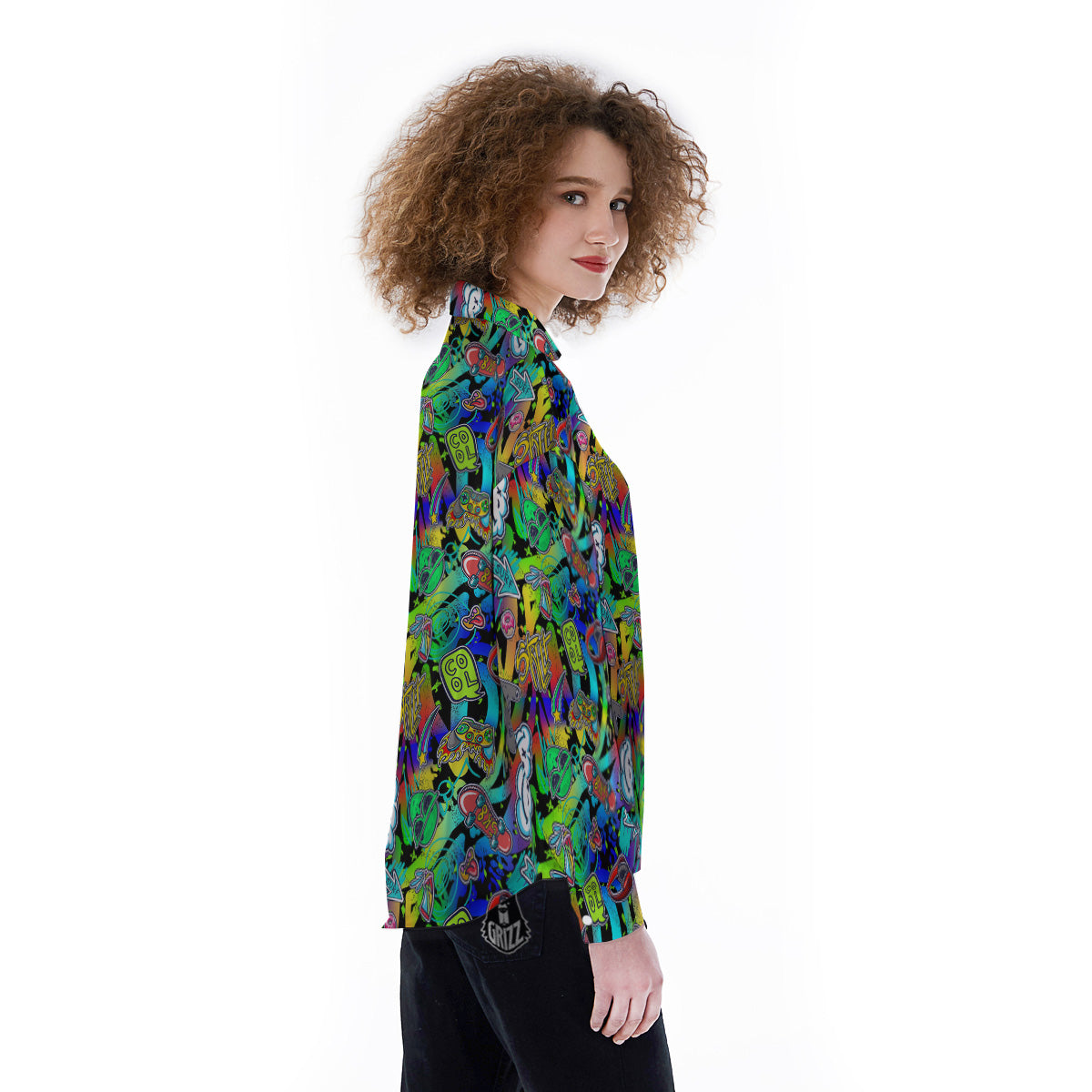 Abstract Alien Graffiti Text Print Pattern Women's Long Sleeve Shirts-grizzshop