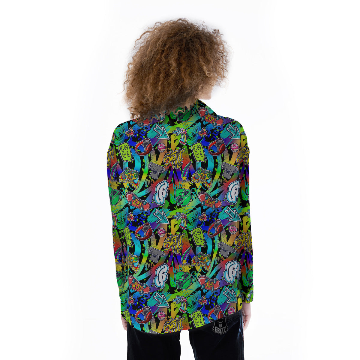 Abstract Alien Graffiti Text Print Pattern Women's Long Sleeve Shirts-grizzshop