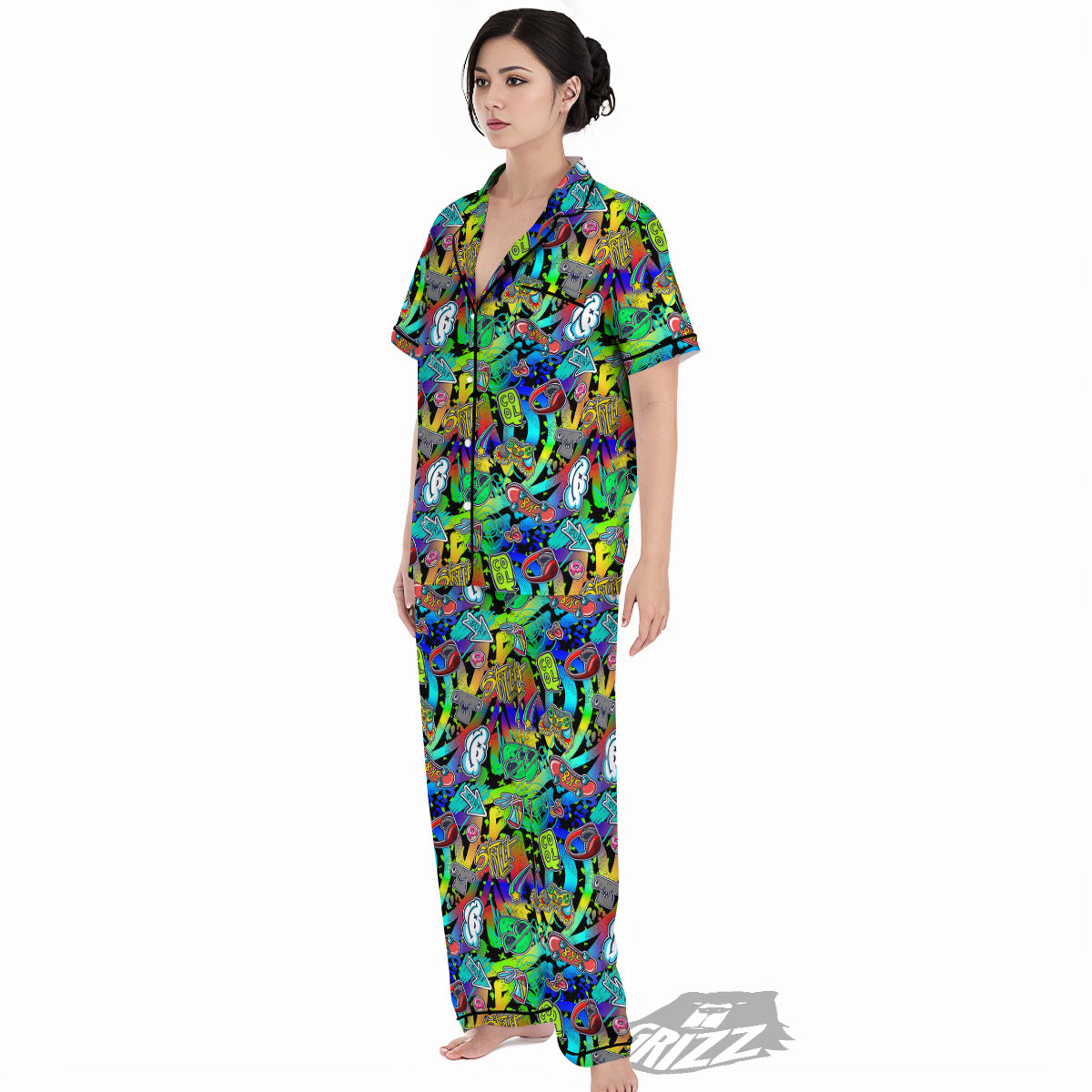 Abstract Alien Graffiti Text Print Pattern Women's Pajamas Set-grizzshop