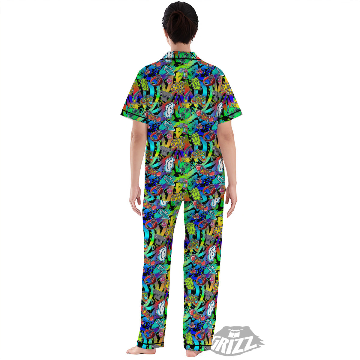 Abstract Alien Graffiti Text Print Pattern Women's Pajamas Set-grizzshop