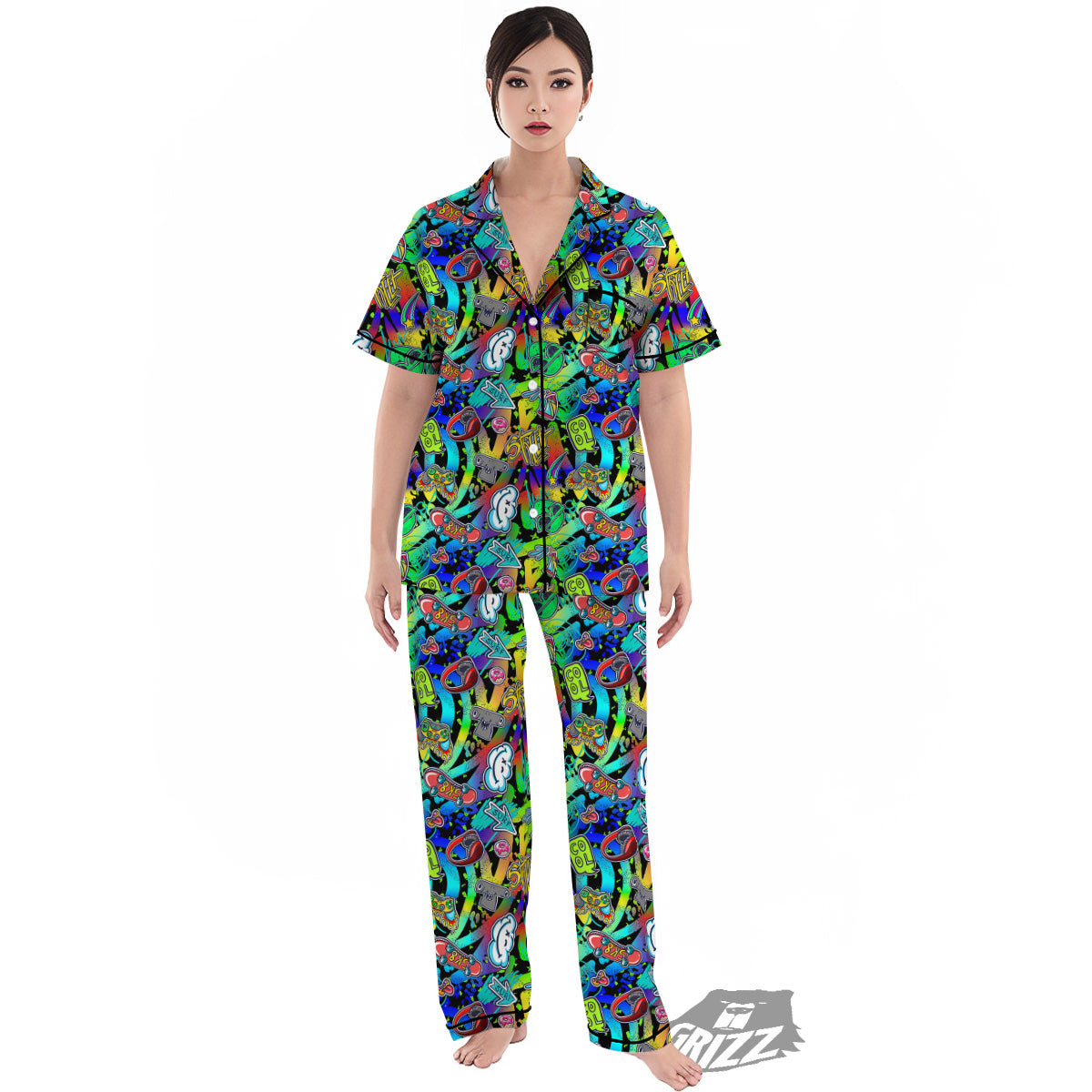 Abstract Alien Graffiti Text Print Pattern Women's Pajamas Set-grizzshop