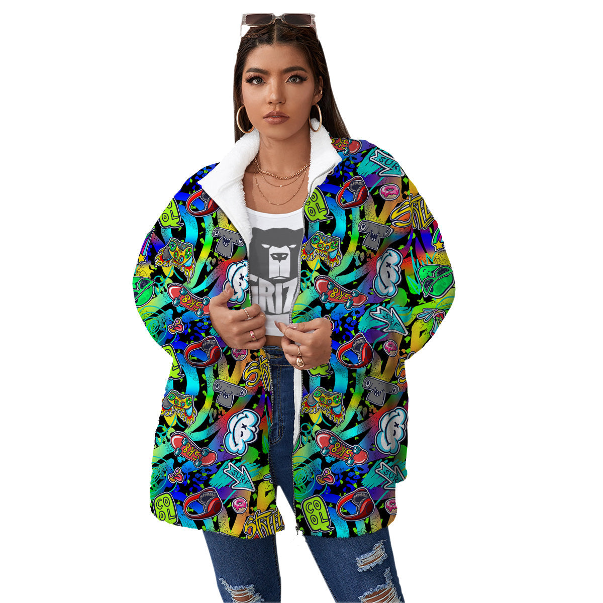 Abstract Alien Graffiti Text Print Pattern Women's Sherpa Jacket-grizzshop