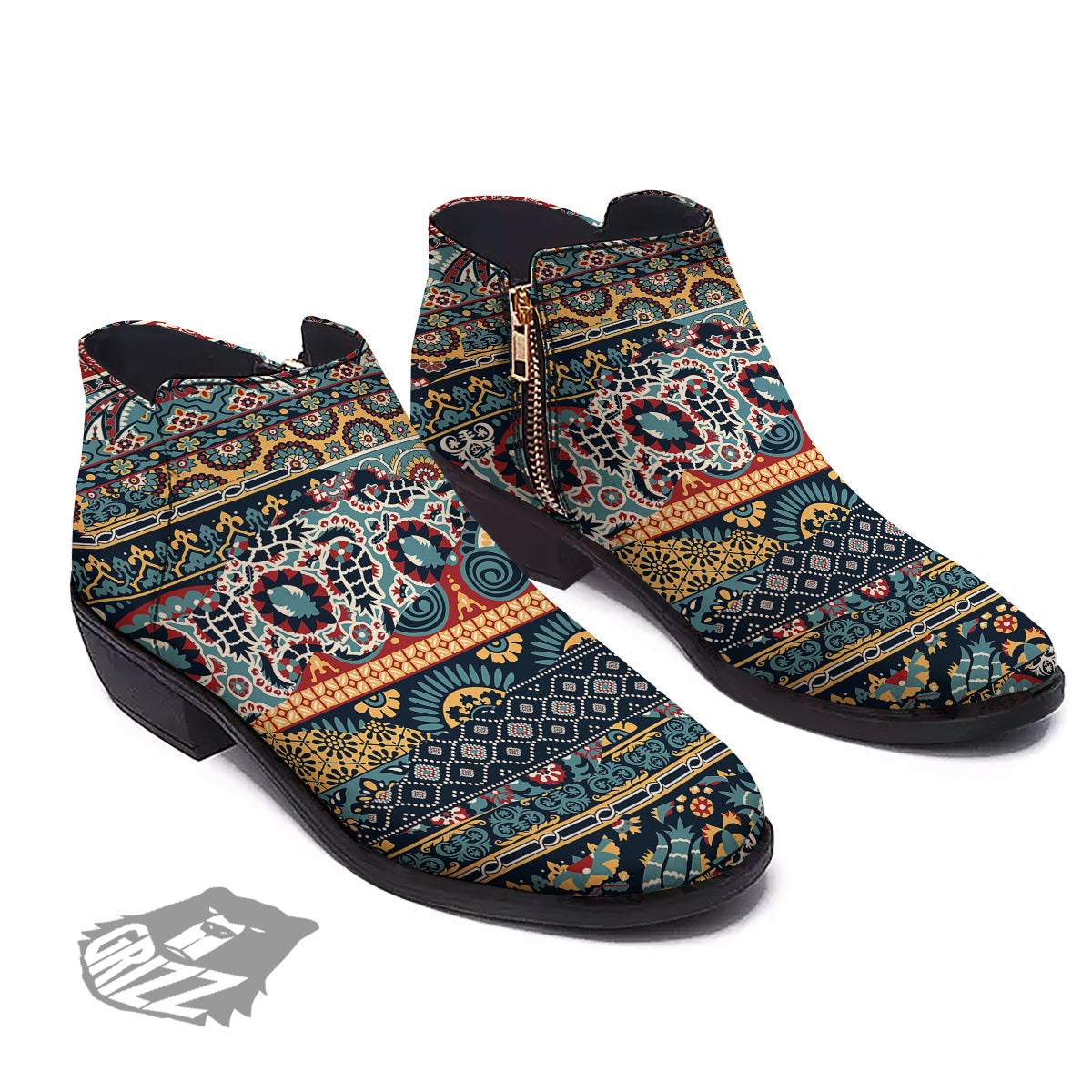 Abstract Arabian Paisley Print Ankle Boots-grizzshop