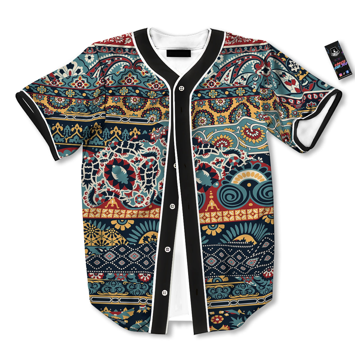 Abstract Arabian Paisley Print Baseball Jersey-grizzshop