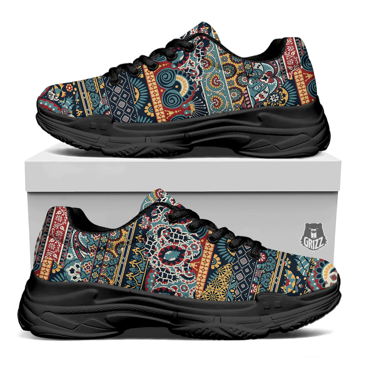 Abstract Arabian Paisley Print Black Chunky Shoes-grizzshop