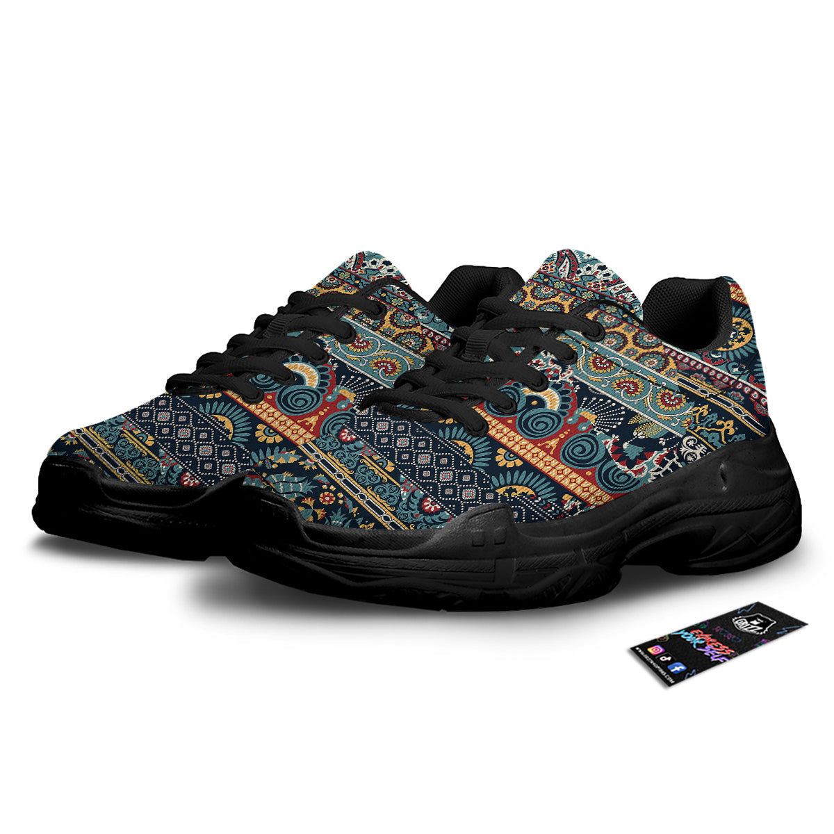 Abstract Arabian Paisley Print Black Chunky Shoes-grizzshop