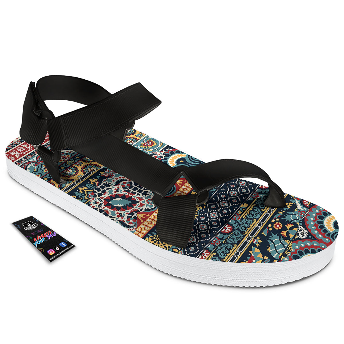 Abstract Arabian Paisley Print Black Open Toe Sandals-grizzshop